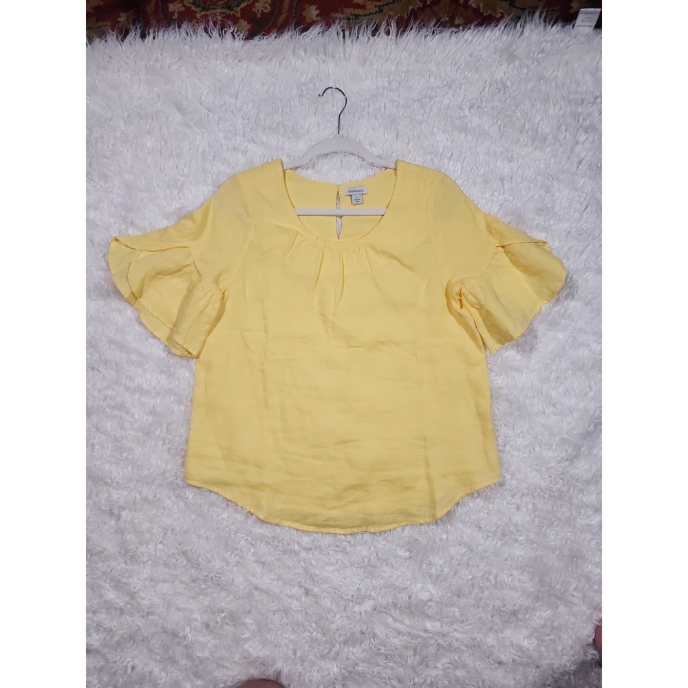 Sundance Yellow Linen Blouse Shirt Size Small S Flutter Short Sleeve Crew Neck